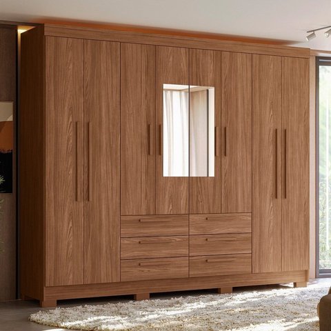 Guarda-Roupa Paranavaí 8 Portas 6 Gavetas com Espelho Paraná Marrom/Jatoba