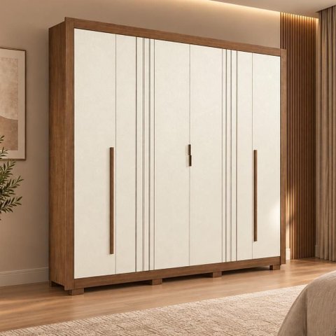 Guarda Roupa Casal Miletto 6 Portas de Bater 3 Gavetas MDF-MDP com Pés Jatobá-Areia