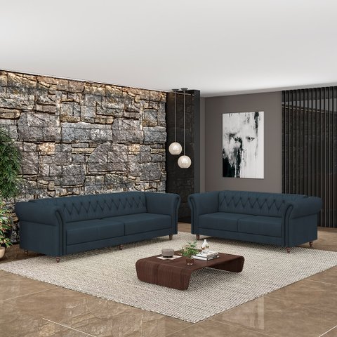 Conjunto de Sofá Sala de Estar Stanford Chesterfield 2 e 3 Lugares 180cm/240cm Pés Madeira Couro Azu