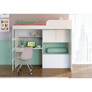 Cama Alta Solteiro Infantil/Juvenil Multifuncional com Baú E Estação De Trabalho 80 Lion 