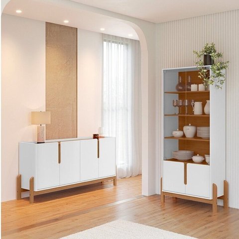 Buffet 170cm e Cristaleira com Pés de Madeira Maciça Lizz Branco/Cedro