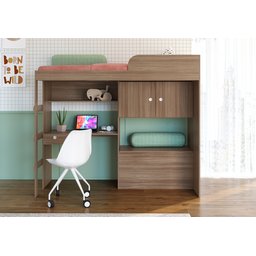 Cama Alta Solteiro Infantil/Juvenil Multifuncional com Baú E Estação De Trabalho 80 Lion  - 1