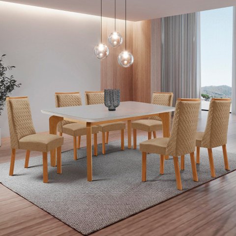 Mesa de Jantar Liz 180cm Tampo MDF Vidro Canto Copo com 6 Cadeiras Carolina