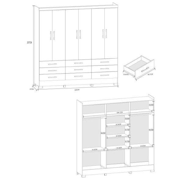 Conjunto Cômoda 1 Porta 4 Gavetas e Guarda-Roupa Casal 6 Portas 9 Gavetas Espresso Móveis - 10