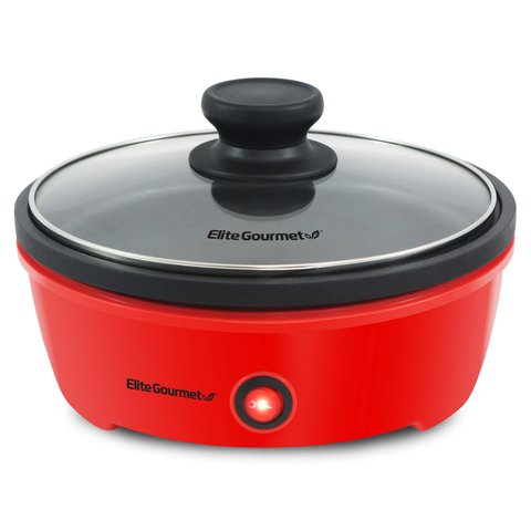 Elite Gourmet Frigideira Elétrica 8.5" com Tampa de Vidro Temperado (vermelha)