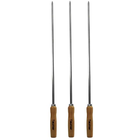Kit 3 Espetos Inox para Coração 85cm Carne Churrasqueira Cabo Madeira Taumer