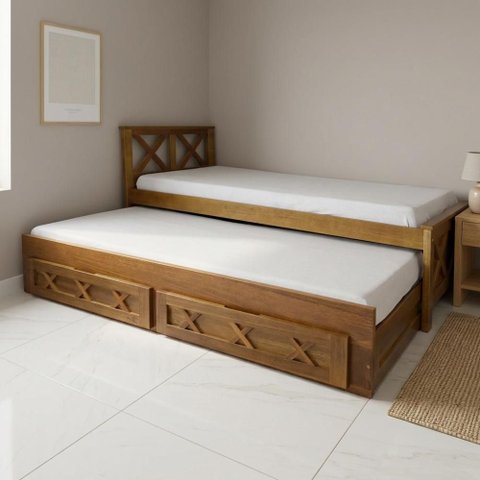 Cama com Auxiliar Inglesa Solteiro em Madeira Maciça Reforçada Acabamento Luxoso 2 Gavetas Repleta