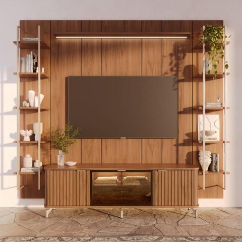 Estante para TV Home Theater 75" 100% MDF 254cm Vidro Reflecta Prateleiras LED Neon Float Canella