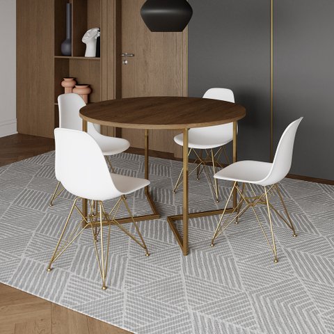 Mesa Jantar Industrial Redonda 110cm Amêndoa Base V com 4 Cadeiras Eames Eiffel Brancas Base Dourada