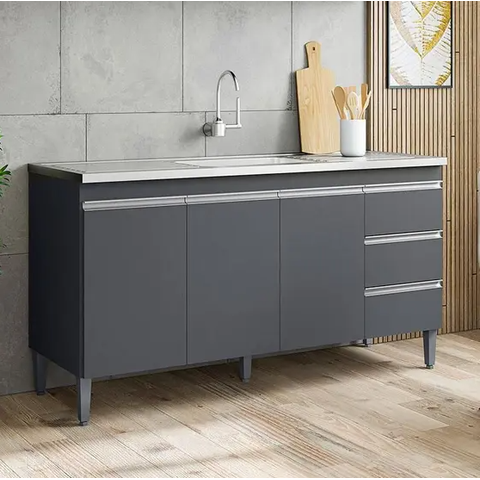 Balcão Gabinete para Pia 160cm 3 Portas Andréia Cinza sem Tampo - Ajl