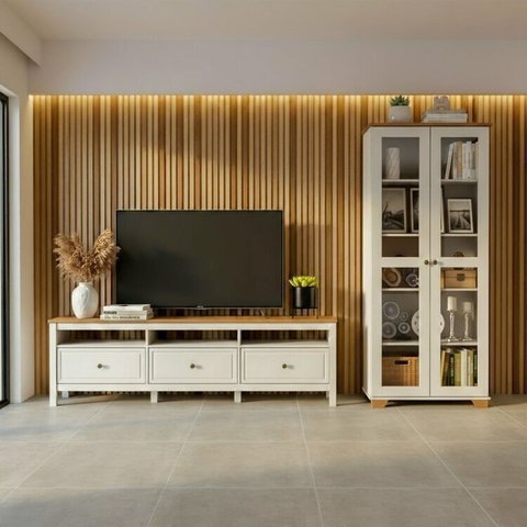 Conjunto de Sala 2 Peças com Rack e 1 Cristaleira Ananda CabeCasa MadeiraOriginals Branco Off White/Mel