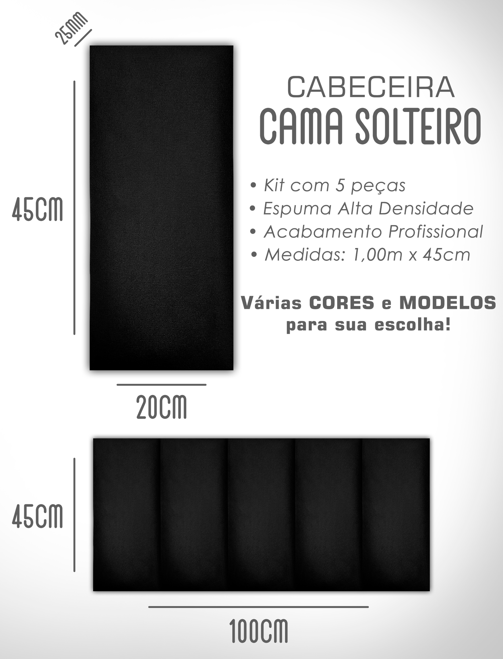 Kit 5 Cabeceiras de Cama Solteiro Estofada Modulada 1,00mx45cm - 6