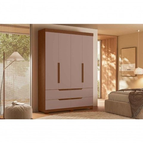 Guarda Roupa Solteiro Doble 4 Portas de Bater 4 Gavetas MDP Nogueira Cappuccino 160cm