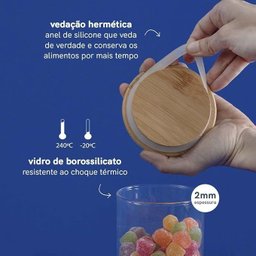 Kit 2 Potes Vidro Hermético Redondo 400ml Tampa Bambu Oikos - 3