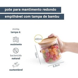 Kit 2 Potes Vidro Hermético Redondo 400ml Tampa Bambu Oikos - 5