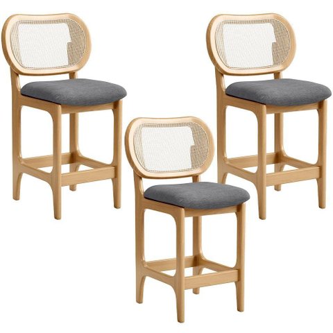 Kit 3 Banquetas Baixa Bar Cozinha Sala de Jantar Betta L02 Mel Tela Linho Cinza Escuro - Lyam Decor