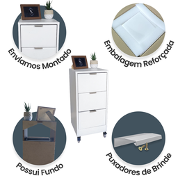 Mesa de Cabeceira Branca 30cm 3 Gavetas Mdf Quarto Gaveteiro Puxador Cinza - com Rodinhas Já Montado - 3