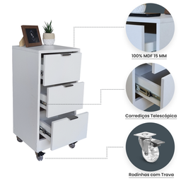 Mesa de Cabeceira Branca 30cm 3 Gavetas Mdf Quarto Gaveteiro Puxador Cinza - com Rodinhas Já Montado - 2