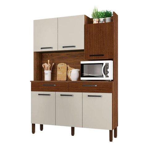 Armário de Cozinha Compacta 6 Portas e 2 Gavetas 132cm Silver Ripado-off White - Pallazio
