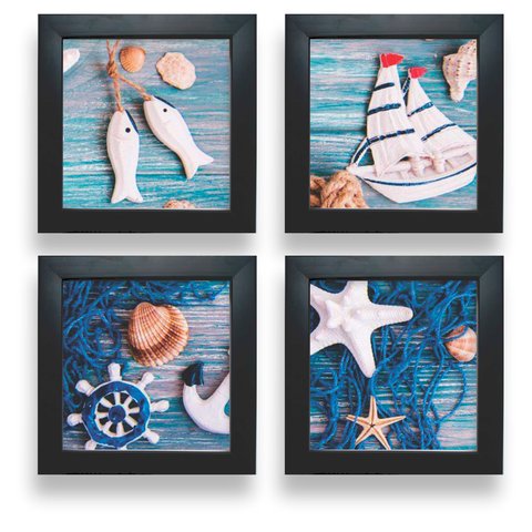 Quadro Banheiro Lavabo Cozinha Praia Mar Azul Peixinho Kit 4: Preto
