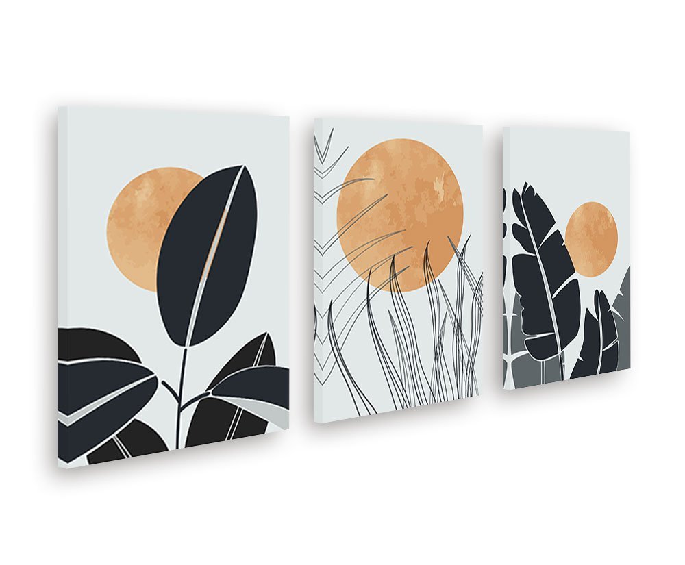 Quadros Para Sala Trio Moderno Tela Canvas Flores Folhas Art - 1