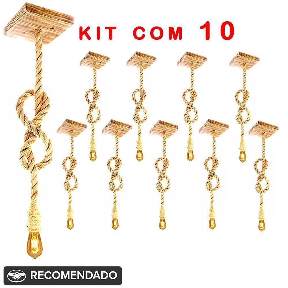 Kit 10 Luminárias Pendente Lustre Teto Corda Sisal Rústico