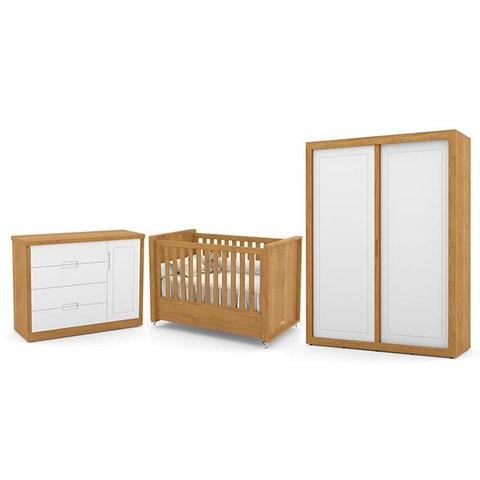 Dormitório Tutto New 2 Portas, Cômoda 1 Porta e Berço Freijó/Branco Soft - Matic Móveis