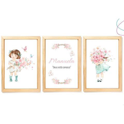 3 Quadros Decorativos Infantil Menina Aquarela Flores:pinus
