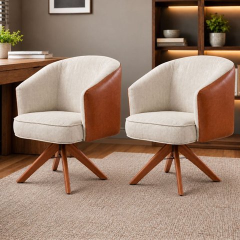 Kit 2 Poltronas Giratórias Linho Premium Base Madeira Maciça Juliana
