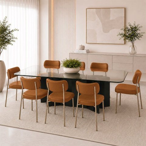 Kit 8 Cadeiras Sala de Jantar Lisa Pés Champanhe PU Caramelo m² - Monari Design