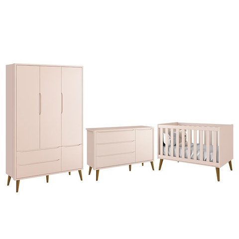 Dormitório Infantil Theo Retrô 3 Portas, Cômoda 1 Porta e Berço Rosa com Pés Amadeirado - Reller Móv