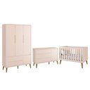 Ver imagem 1 de Dormitório Infantil Theo Retrô 3 Portas, Cômoda 1 Porta e Berço Rosa com Pés Amadeirado - Reller Móv