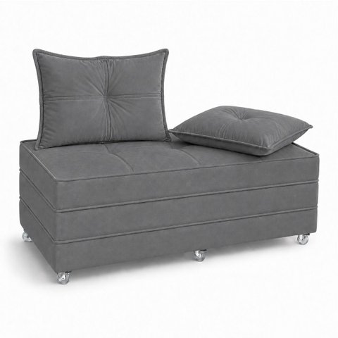 Puff Cama Dobravel 130cm Casal com Rodízios e Almofadas Cor: Suede Cinza Chumbo