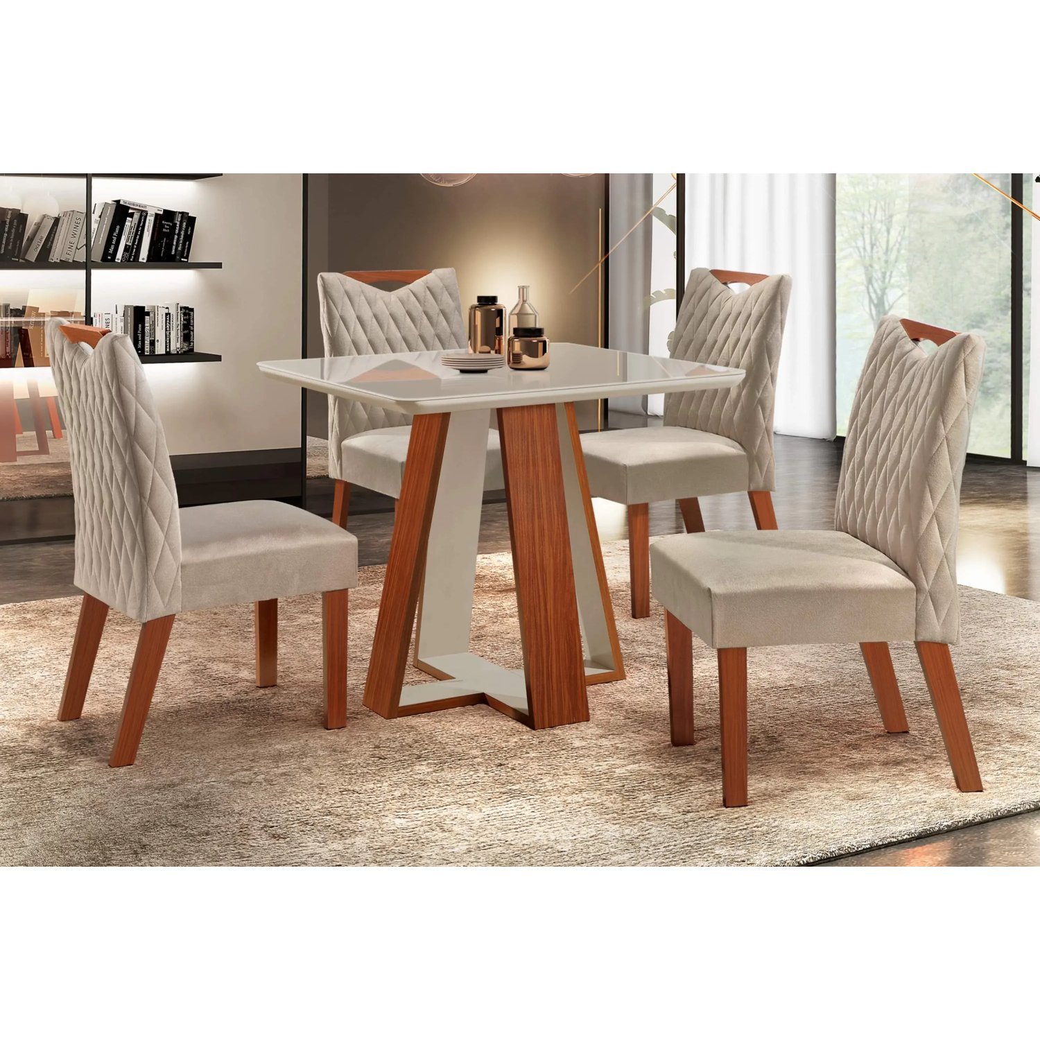 Conjunto Sala de Jantar Mesa 90x90cm Tampo Vidro/MDF com 4 Cadeiras Grécia Espresso Móveis