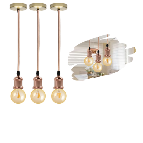 Kit 3 Luminárias Pendentes Retro Vintage de Metal com Lâmpadas Formato Globo com Filamento Led G95 C