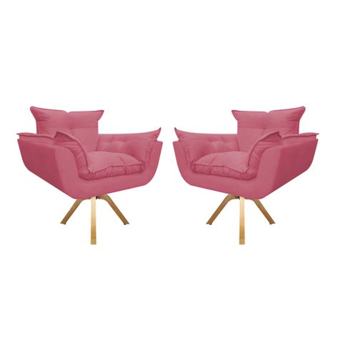 Kit 2 Poltronas Decorativa Opala Base Giratória Suede Rosa Mz Decor