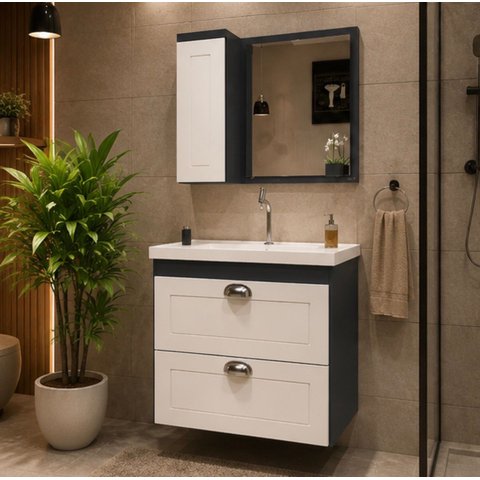 Kit Gabinete Banheiro 57cm com Cuba e Espelheira MDF 3 Pçs:Grafite Fosco/Branco Brilho