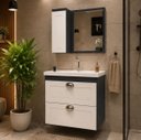 Ver imagem 1 de Kit Gabinete Banheiro 57cm com Cuba e Espelheira MDF 3 Pçs:Grafite Fosco/Branco Brilho