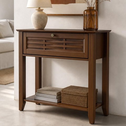 Aparador para Sala de Estar 90cm 1 Porta Madeira Maciça Aton S05 Ipê - Lyam Decor