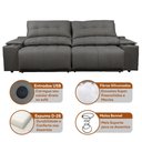 Ver imagem 3 de Sofá com Porta Copos Carregador USB Ret Rec Arizona 2,50m Velosuede - Netsofas - Cinza