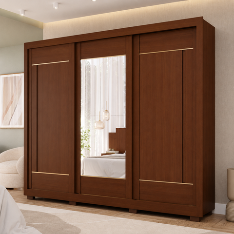 Guarda-Roupa Casal Serena 3 Portas de Correr 4 Gavetas com Espelhos e Pés 100% MDF Pm Home