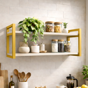 Prateleira Suspensa Parede Estilo Industrial Mdf Premium Branca com Suportes em Aço Dourado