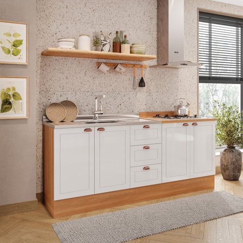 Cozinha Pérola com Rodapé 2 Peças Balcão 3 Gavetas 2 Portas e Balcão 2 Portas Yescasa Branco/Freijó