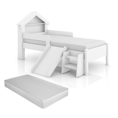 Cama Infantil Casinha Castelo Escorregador e Escada Criança Grade Proteção com Colchão Cor Branco