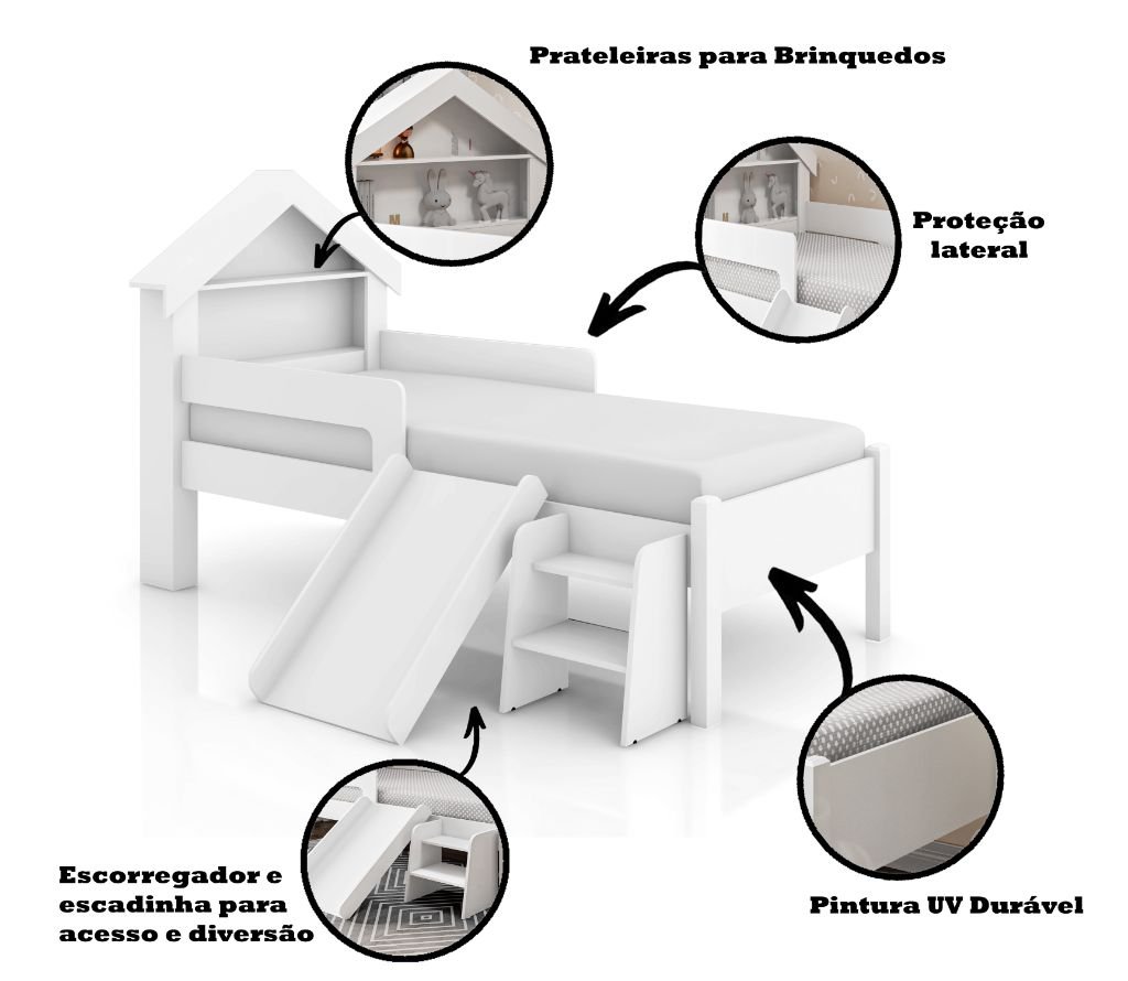 Cama Infantil Casinha Castelo Escorregador e Escada Criança Grade Proteção com Colchão Cor Branco - 3