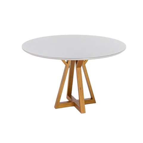 Mesa Polaris 4 Lugares Redonda 1,10m - Madeira Maciça Freijó e Tampo de Vidro Off-white Colado - Tre