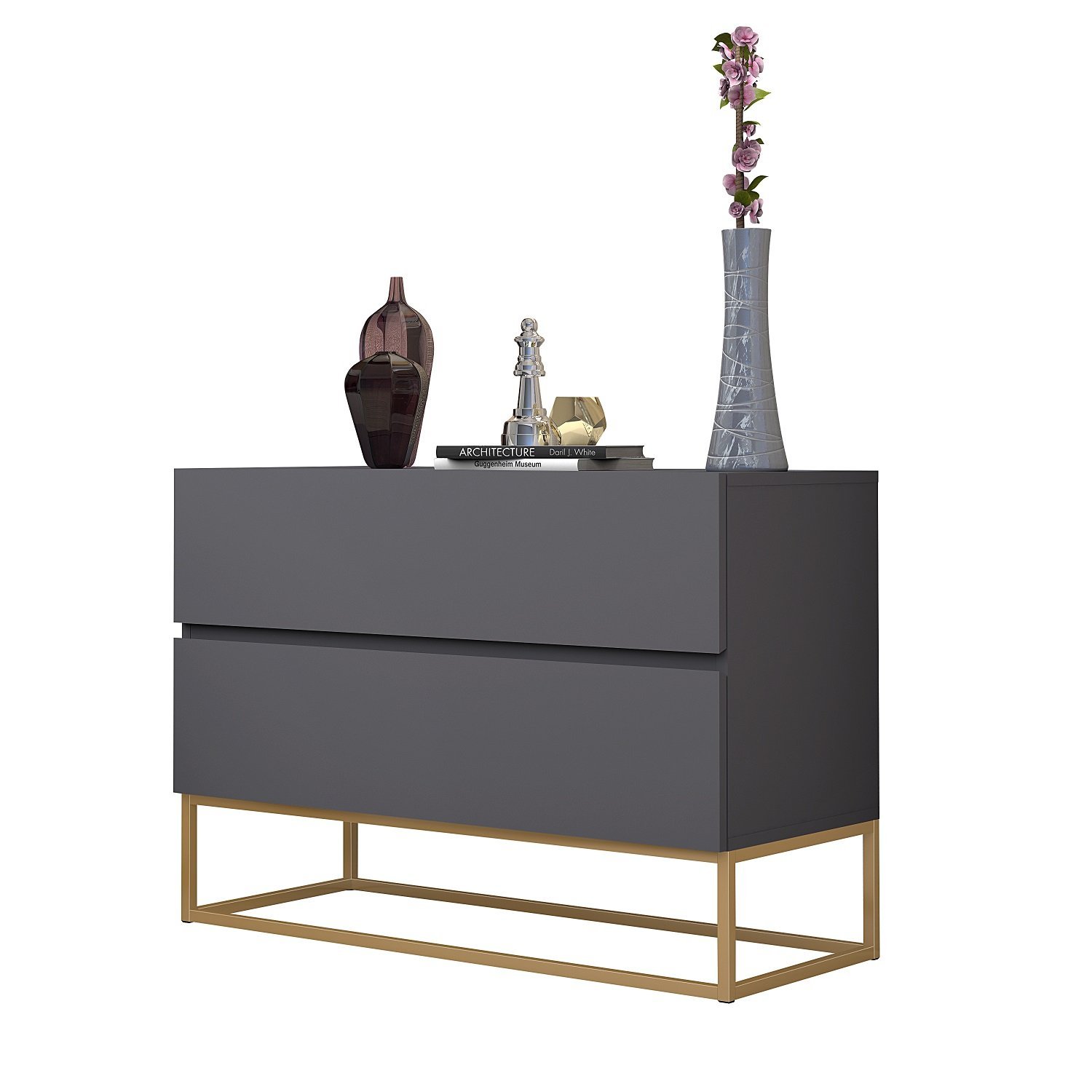 Mesa Lateral para Cama Eros 60cm Cinza Base de Ferro Dourado