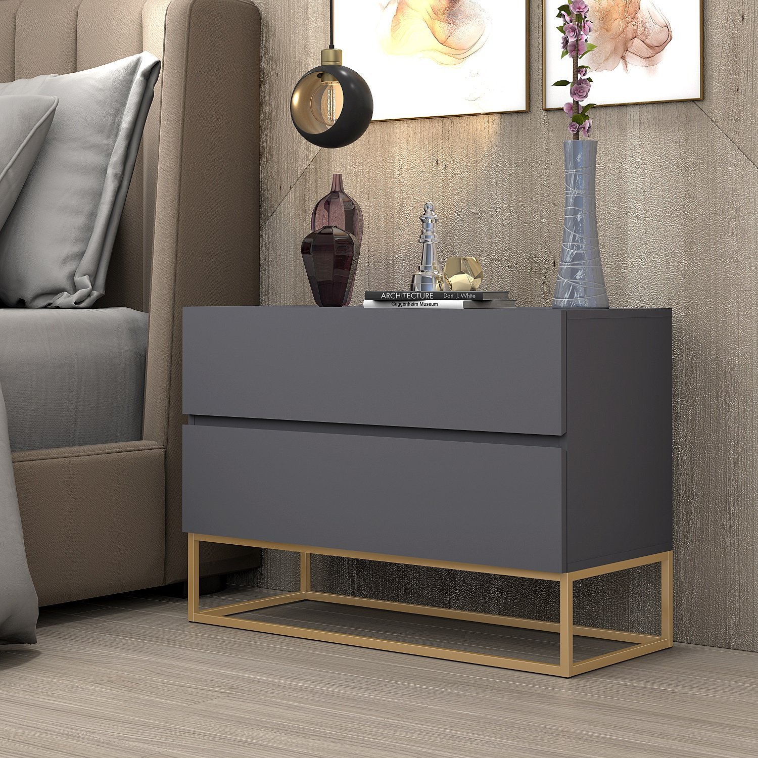 Mesa Lateral para Cama Eros 60cm Cinza Base de Ferro Dourado - 2