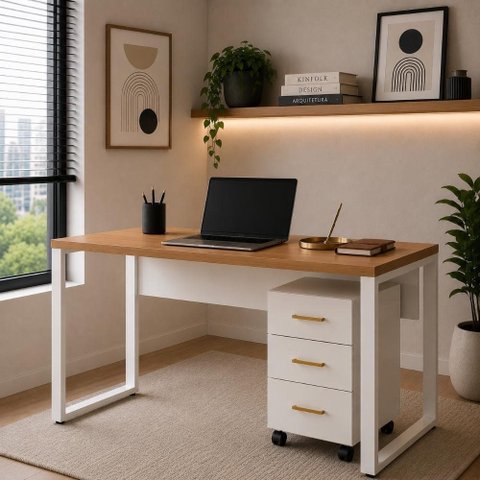 Mesa Escritório Escrivaninha Industrial 120cm x 60cm e Gaveteiro 03 Gavetas 100% MDF F5 Office