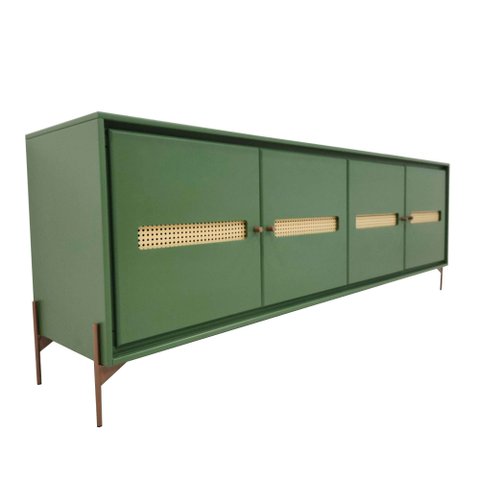 Balcão Buffet Paraty 220 Cm Laca Pés Metal e Palhinha Verde